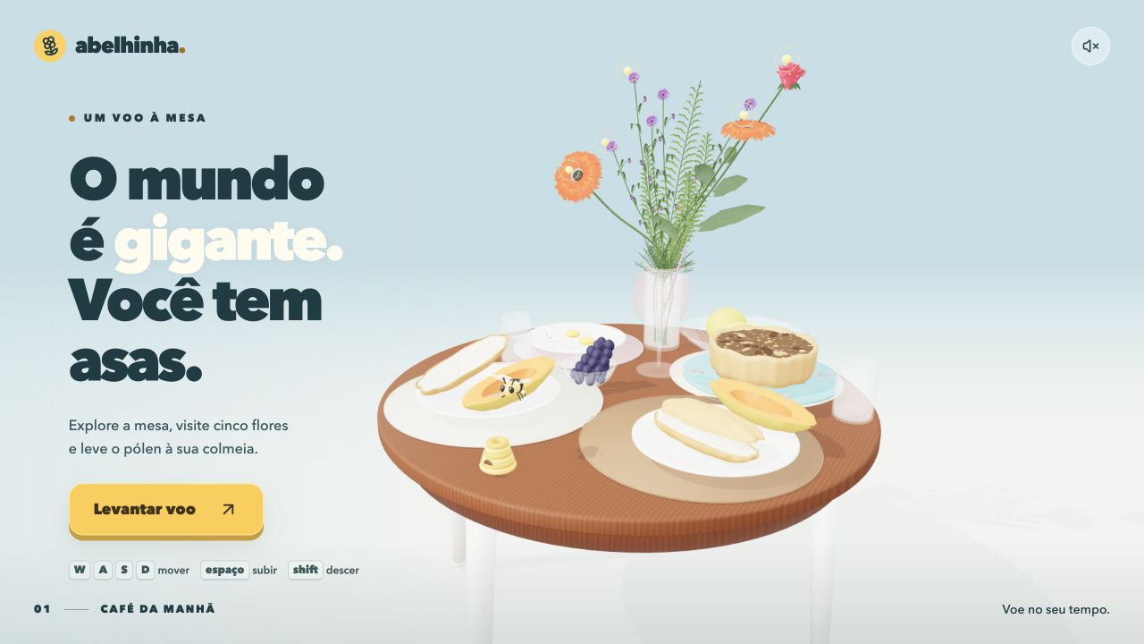 Tela do jogo Abelhinha na Mesa, com a abelhinha voando sobre uma mesa de café da manhã em 3D
